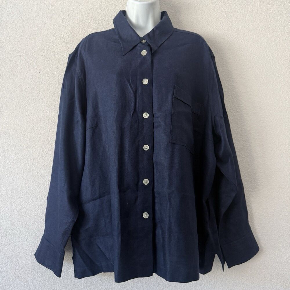 Ralph Lauren Plus 3X Navy Linen Button Up Shirt Vintage Coastal Granny Boho BL